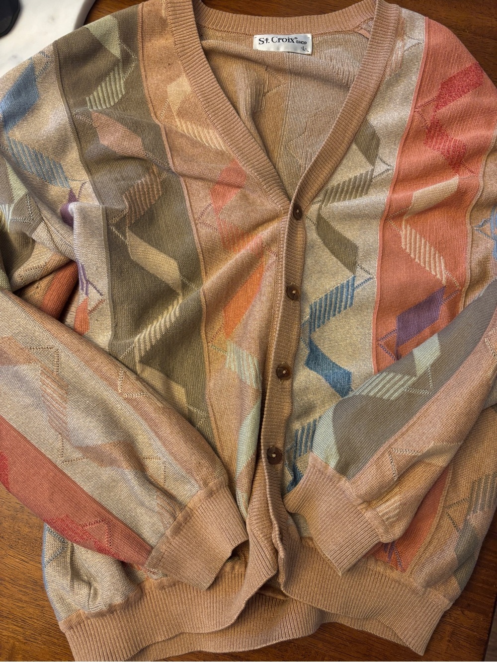 St Croix Men's V-Neck Button Cardigan Sweater in Tan Multi color large vintage